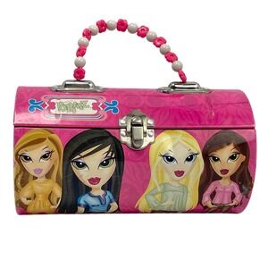 Bratz Y2K Vintage Tin Barrel Purse/Lunch Box Pink Flower Beaded Handle Metal